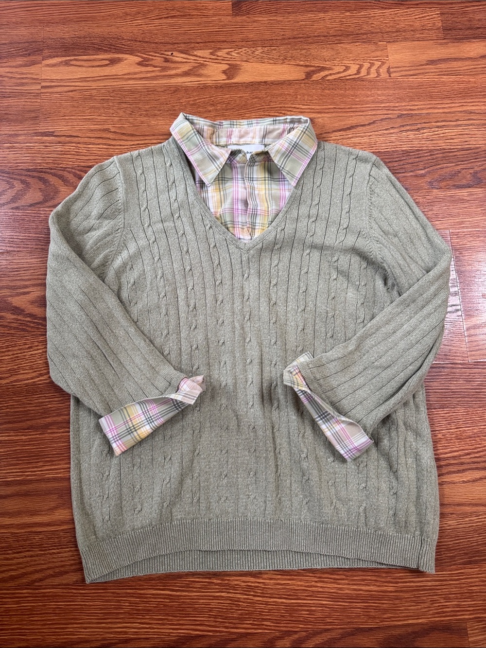 Classic V-Neck Cable Knit Sweater with faux collared shirt